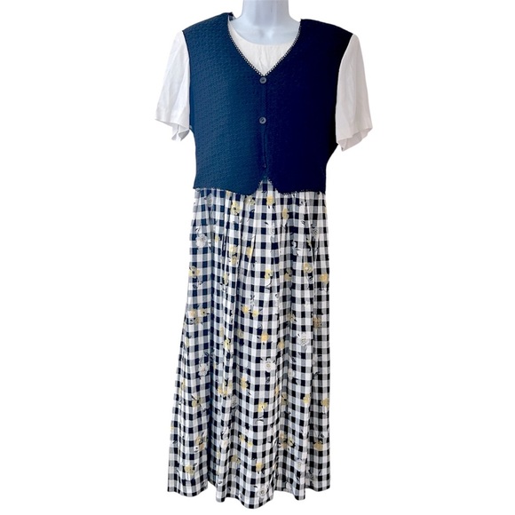 ALLISON CHE 90s Midi Dress Gingham Daisy Print Vest Sz M/L ASO Elaine Benes Alt - Picture 1 of 13